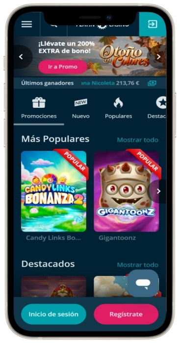 Aplicación móvil de Platinum Casino